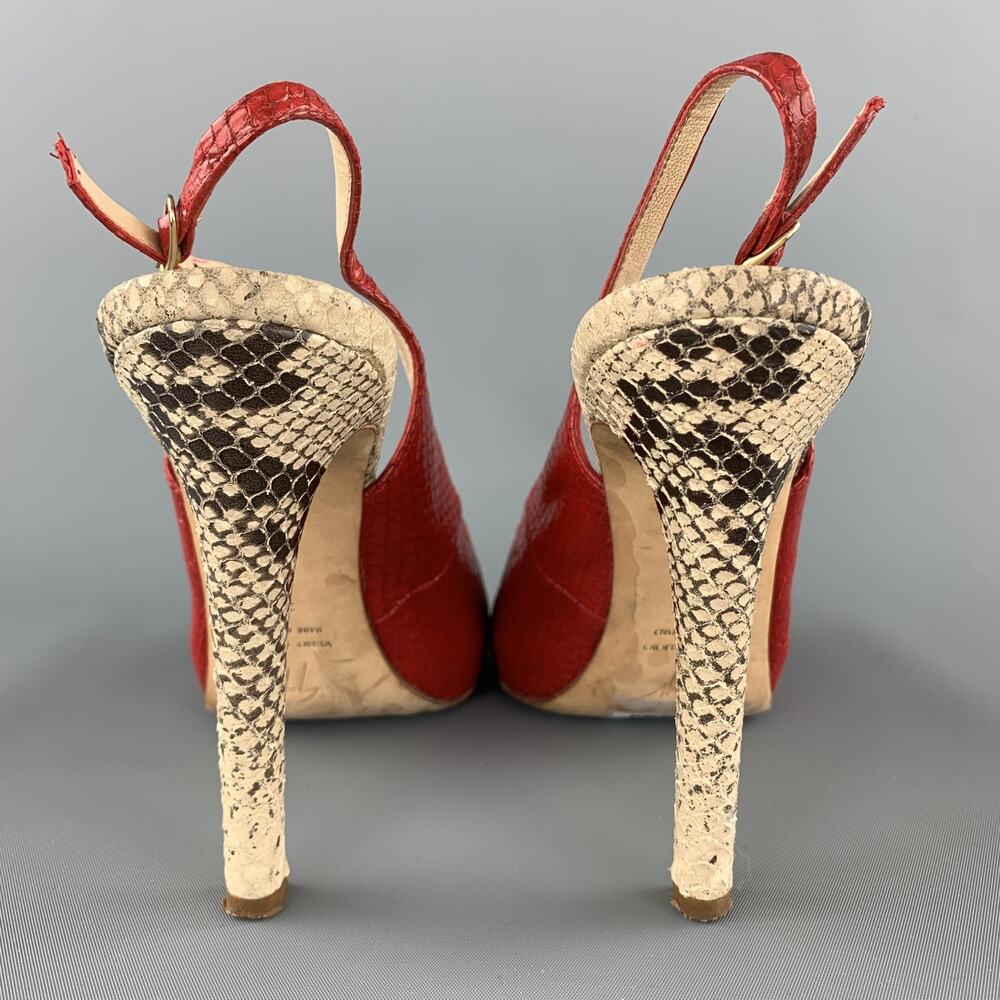 GIUSEPPE ZANOTTI Size 8 Red & Beige Snake Skin Slingback Peep Toe Pumps - Picture 7 of 8